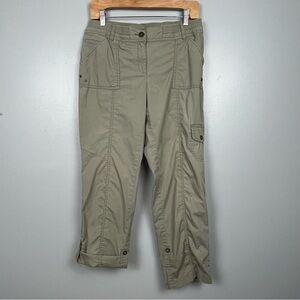 Chico’s light olive green convertible cotton blend cargo pants, size 0 = small.